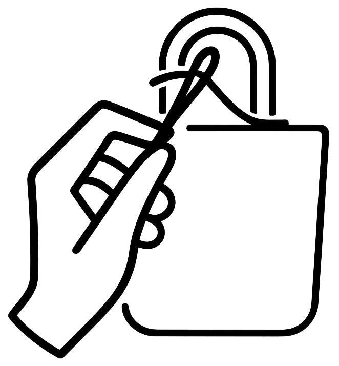 Black and white icon of a hand sewing a leather bag