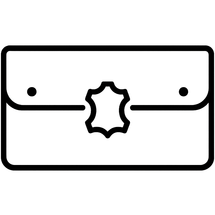 Black line drawing of a rectangular pouch with a central emblem on a white background